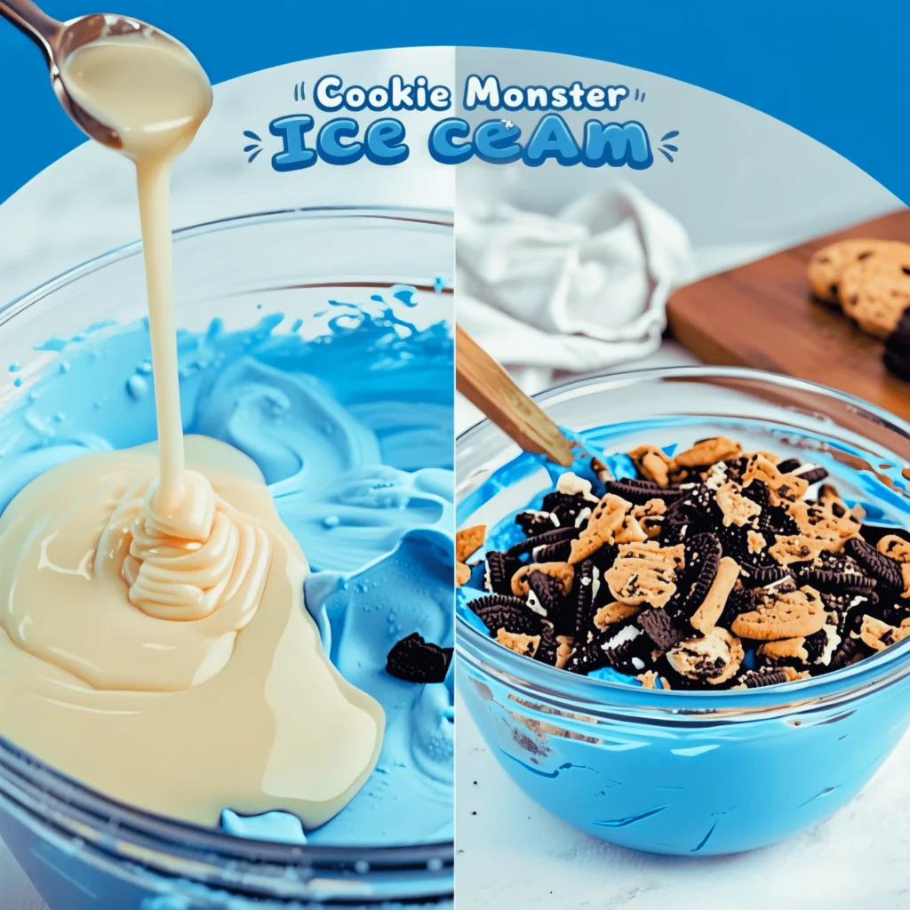Cookie Monster Ice Cream 3 Cookie Monster ice cream mixture with condensed milk and crushed cookies