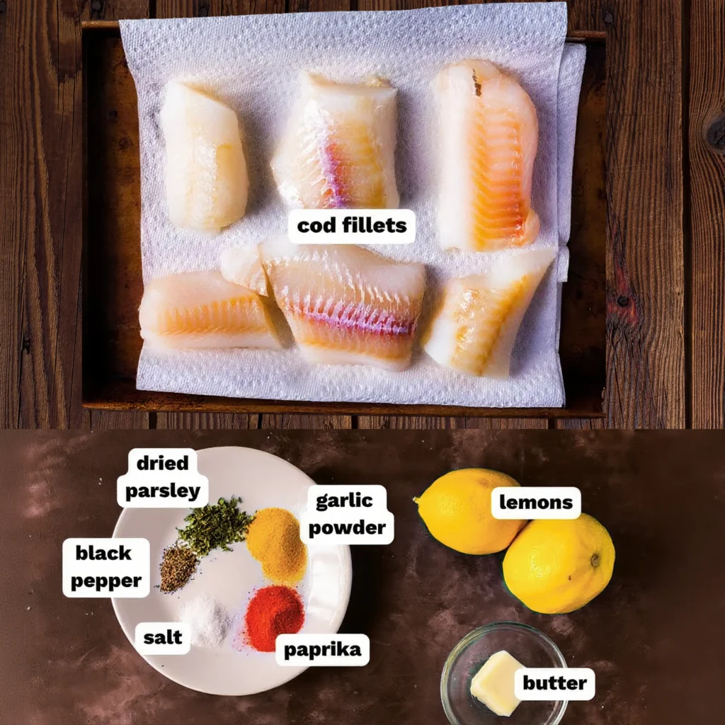 Baked Cod Fish Recipe 3 Flat lay of cod fillets, butter, lemons, and seasonings for baked cod recipe on a dark blue surface.