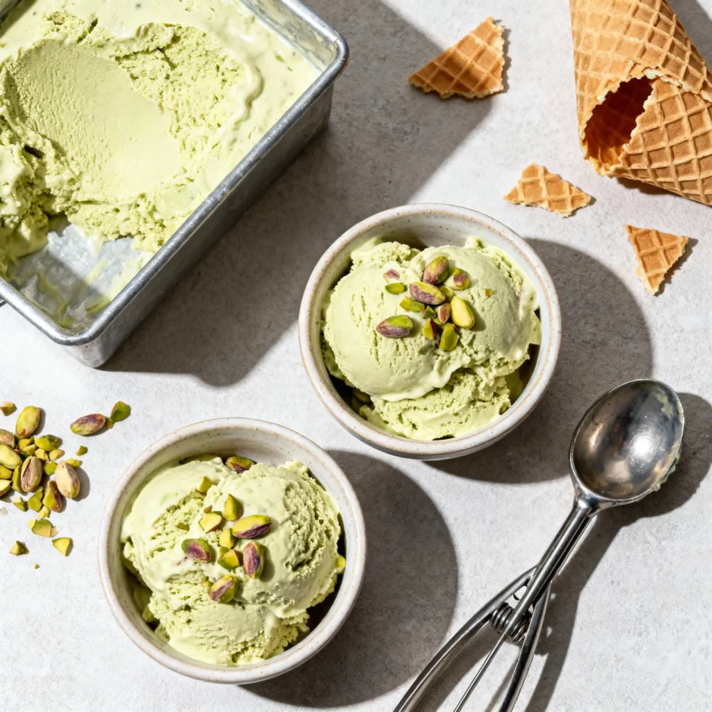 Homemade Pistachio Ice Cream Recipe 3 Scoop of pistachio ice cream topped with chopped pistachios in a ceramic bowl