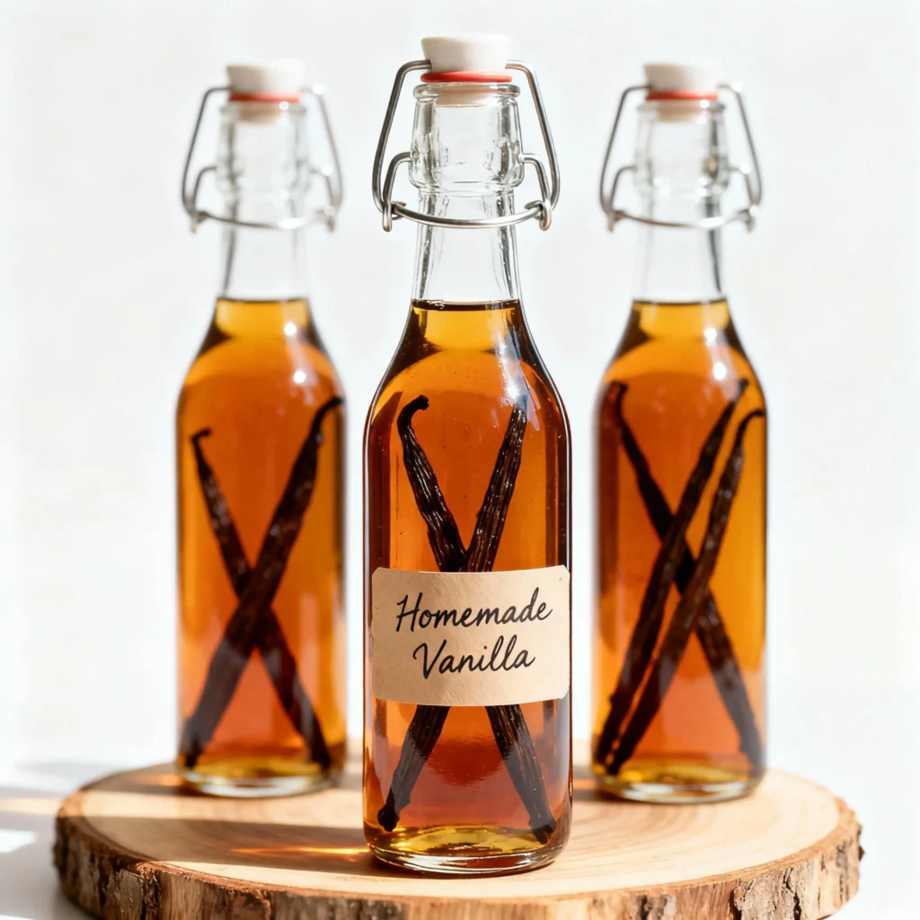 Homemade Vanilla Extract (Alcohol Free) 3 Homemade vanilla extract in labeled glass bottles with vanilla beans inside