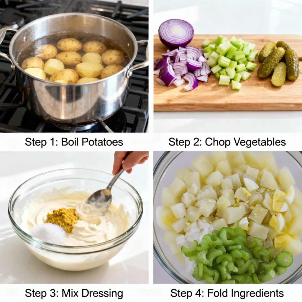 Hellmann’s Potato Salad Recipe 5 Step-by-step collage for Hellmann’s potato salad recipe showing how to boil potatoes, chop vegetables, and mix dressing.