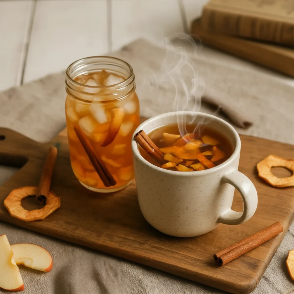 Apple Peel Recipe for Weight Loss 5 Apple Peel Recipe for Weight Loss – Hot and Iced Cinnamon Detox Drinks on a wooden board with dried apple slices.