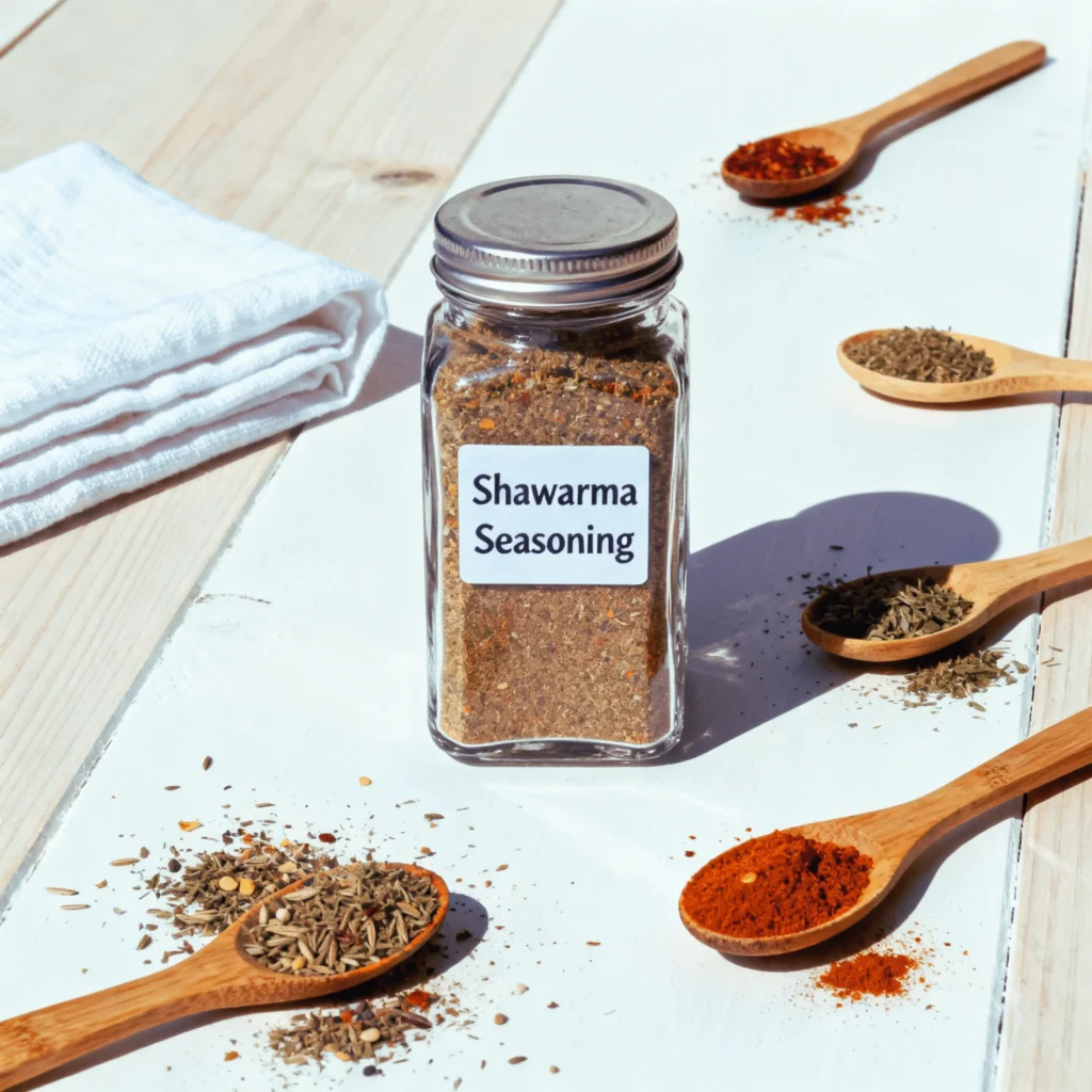 Shawarma Seasoning Recipe 4 Glass jar of shawarma seasoning recipe with wooden spoons of spices