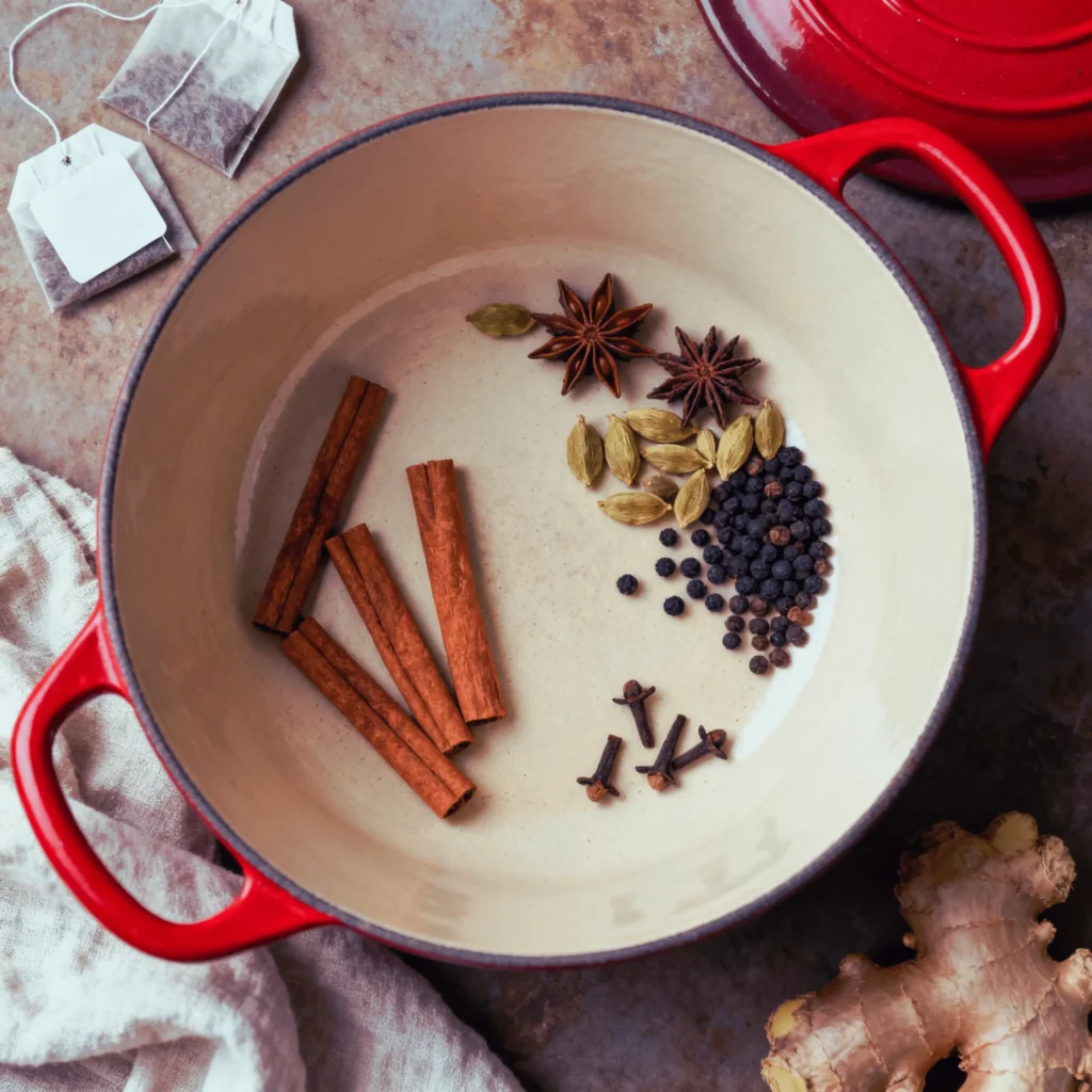 Homemade Chai Concentrate Recipe 4 Spices for chai concentrate recipe simmering in a Dutch oven