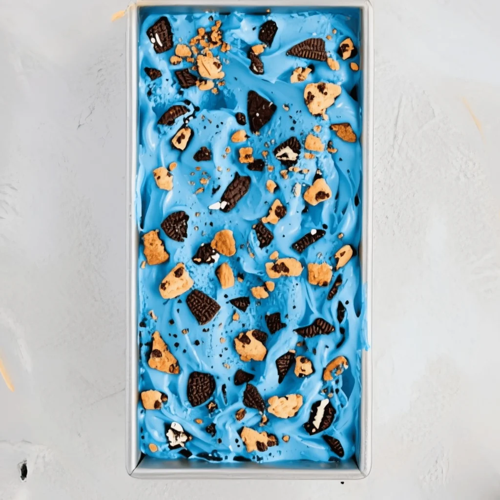 Cookie Monster Ice Cream 4 Homemade Cookie Monster ice cream in a loaf pan with Hydrox and cookies
