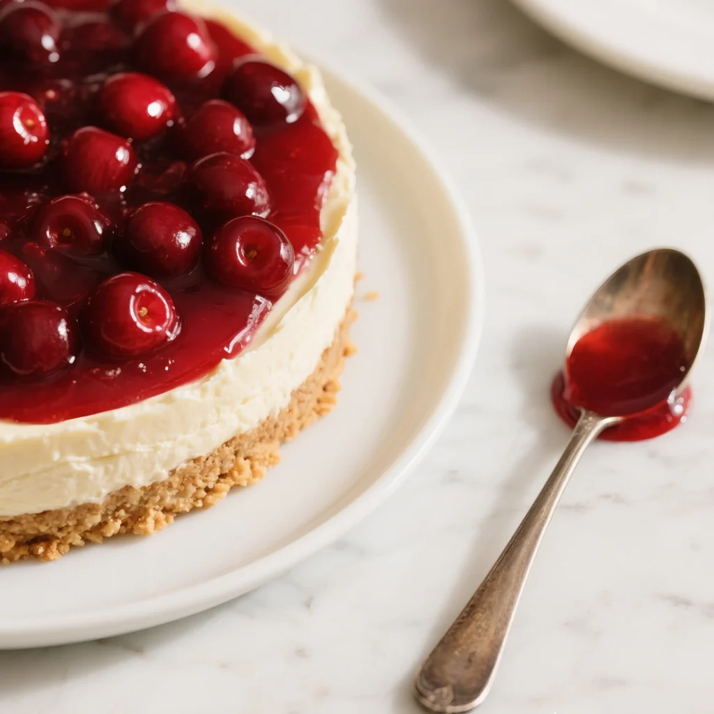 Philadelphia No Bake Cheesecake Recipe 4 Philadelphia No Bake Cheesecake topped with cherry filling on a white plate