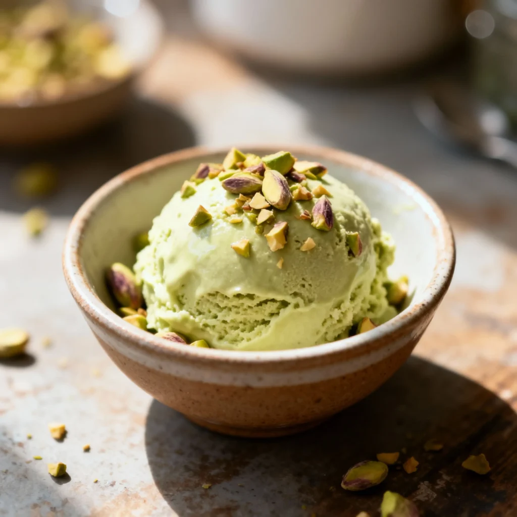 Homemade Pistachio Ice Cream Recipe 4 Scoop of pistachio ice cream topped with chopped pistachios in a ceramic bowl