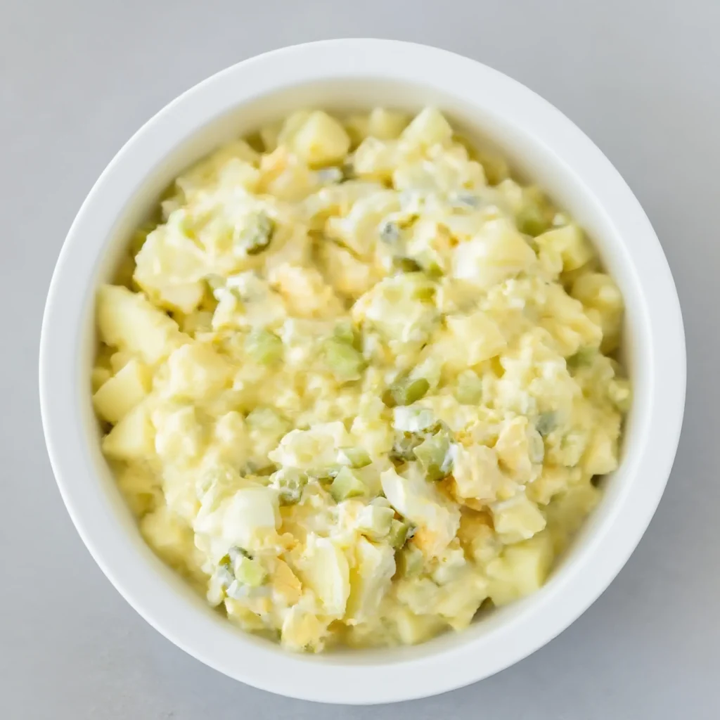 Hellmann’s Potato Salad Recipe 7 Hellmann’s potato salad recipe with eggs and celery served in a white bowl.