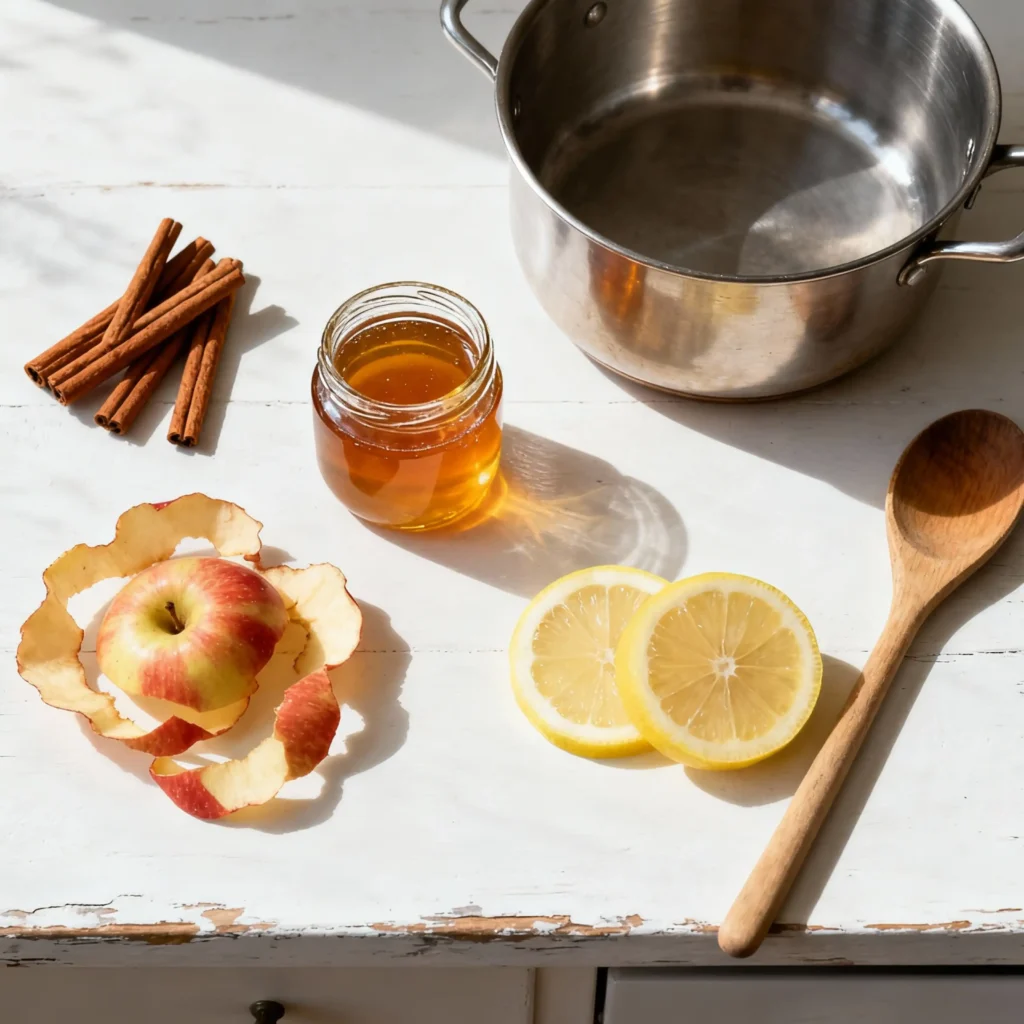 Apple Peel Recipe for Weight Loss 3 Ingredients for apple peel recipe for weight loss including apple, lemon, cinnamon, honey, and pot on white table.