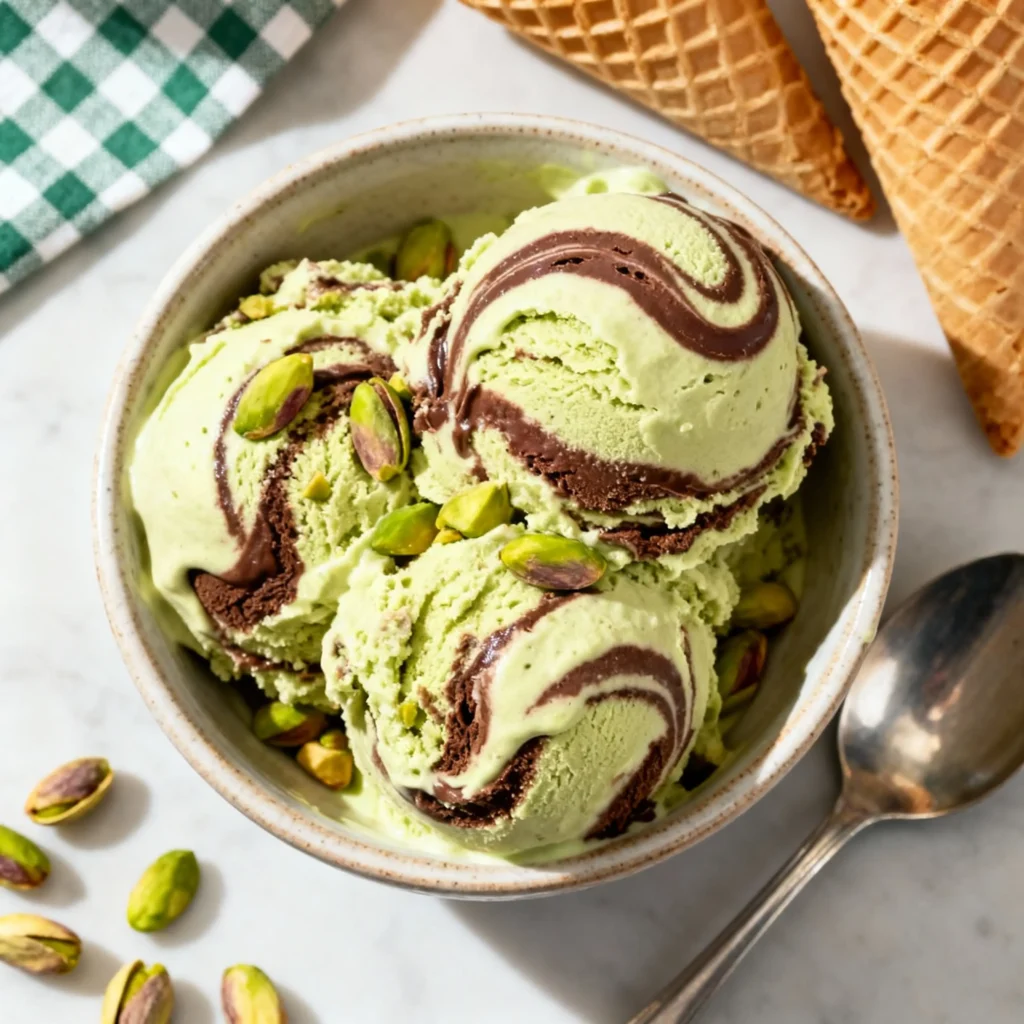Homemade Pistachio Ice Cream Recipe 5 Bowl of pistachio ice cream with chocolate swirl and pistachio nuts