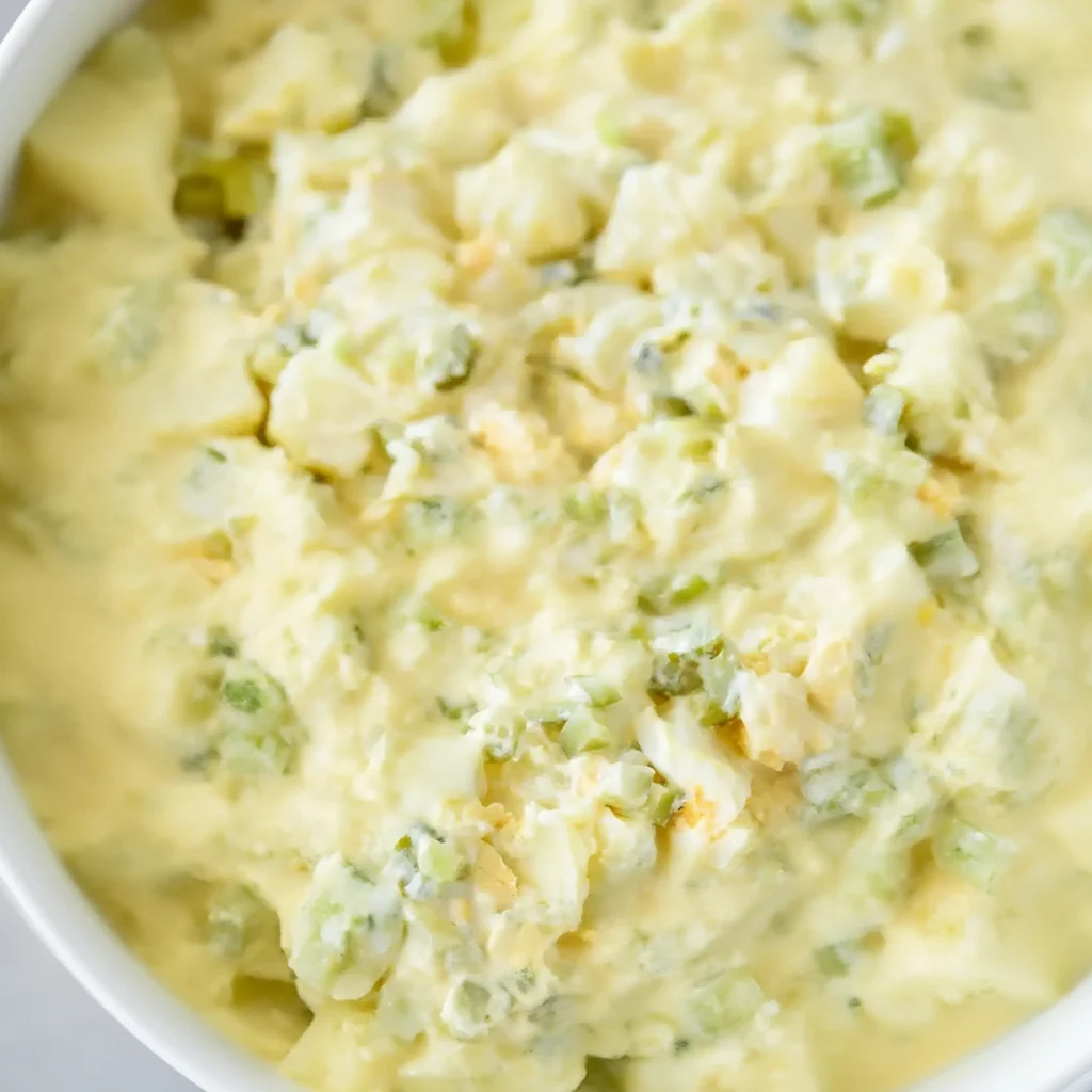 Hellmann’s Potato Salad Recipe 2 Hellmann’s potato salad recipe with creamy mayonnaise dressing and celery in a white bowl.
