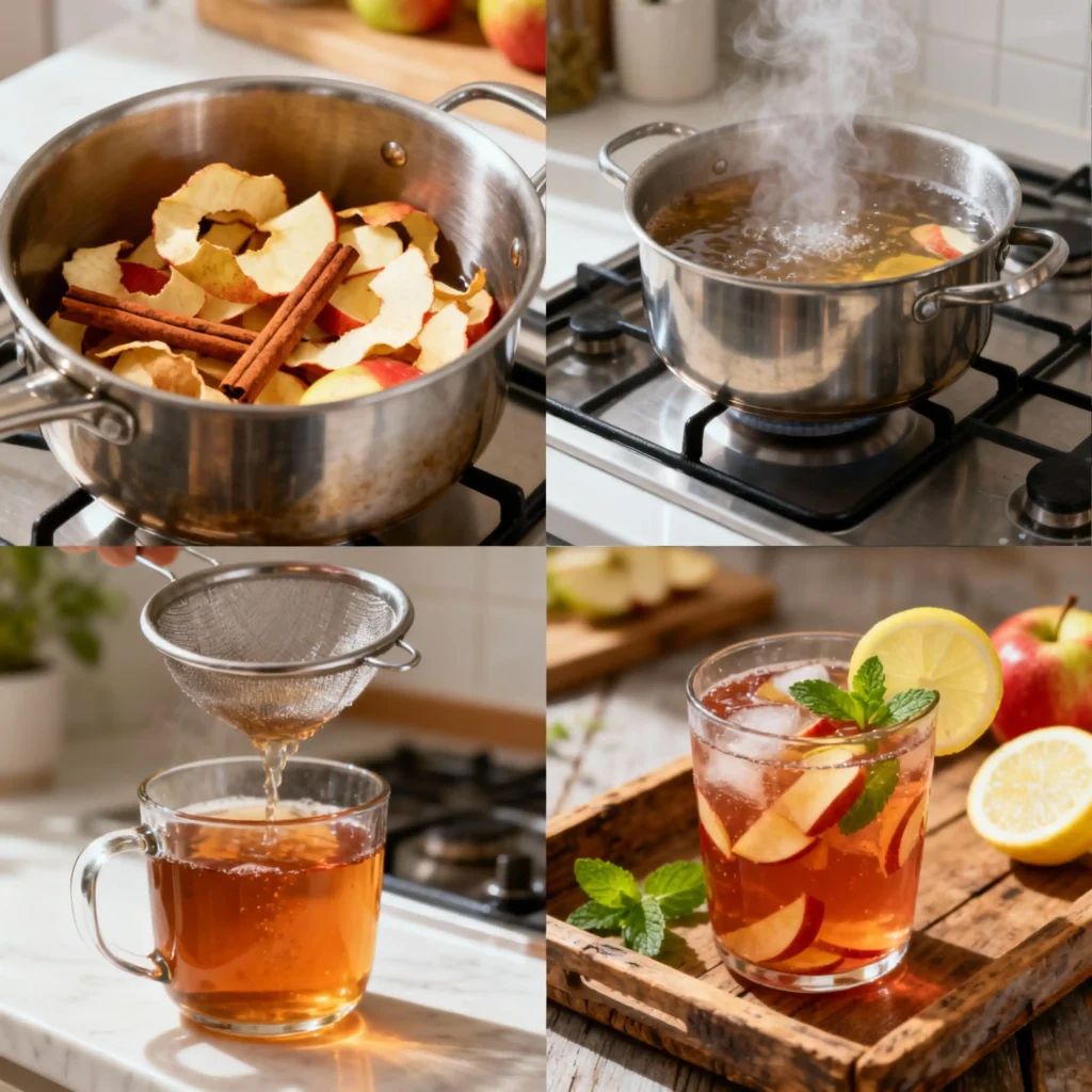 Apple Peel Recipe for Weight Loss 4 Step-by-step process of making apple peel recipe for weight loss with cinnamon, lemon, and mint.