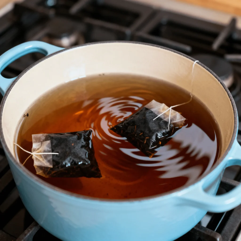 Homemade Chai Concentrate Recipe 5 Black tea bags steeping in saucepan for chai concentrate recipe