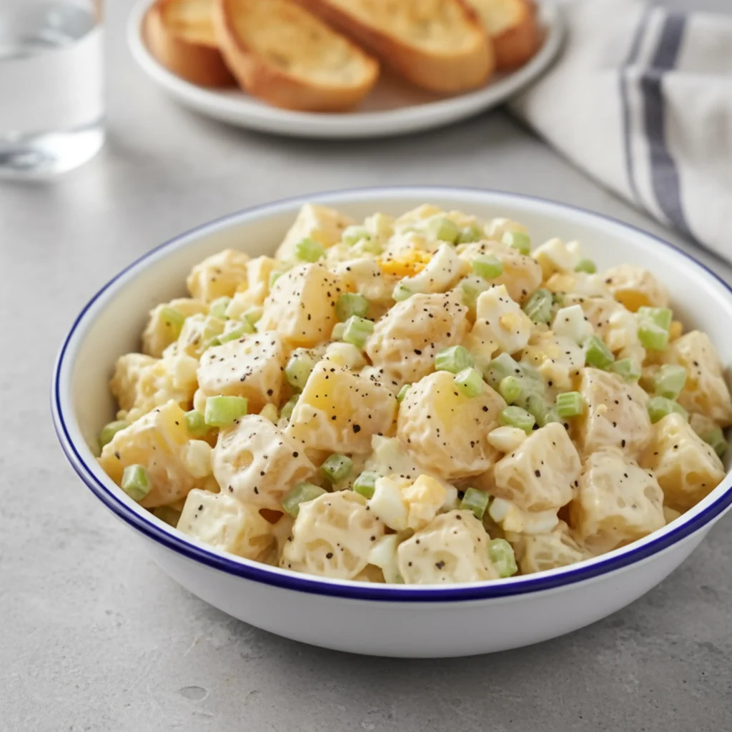 Hellmann’s Potato Salad Recipe 3 Hellmann’s potato salad recipe with diced pickles in a white bowl served beside toasted bread.