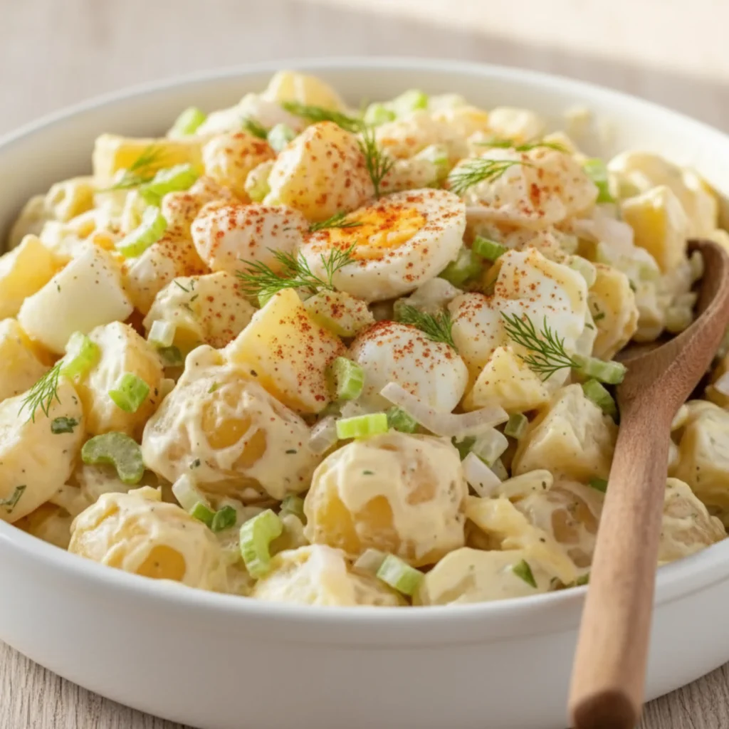 Hellmann’s Potato Salad Recipe 6 Hellmann’s potato salad recipe with eggs, celery, and dill in a creamy dressing.