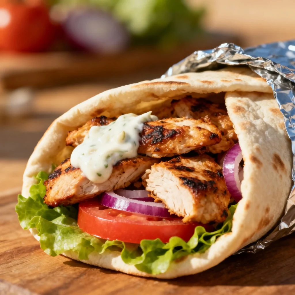 Grilled chicken shawarma wrap with lettuce, tomato, onion, and garlic sauce in pita bread