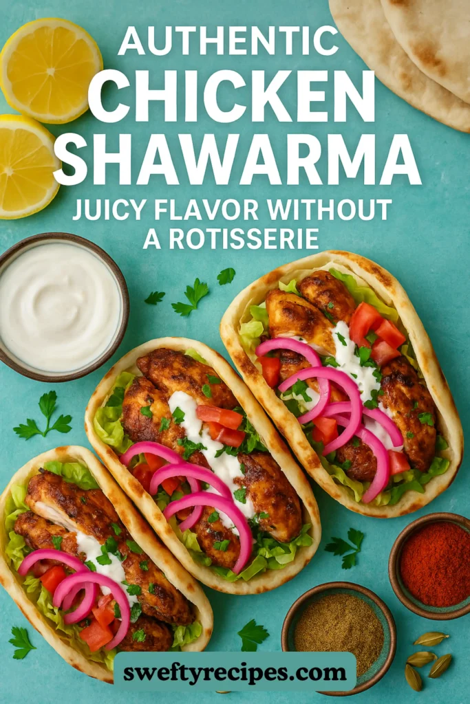 Three authentic chicken shawarma recipe wraps with lettuce, tomato, and pickled onions on a turquoise background with spices and lemon slices