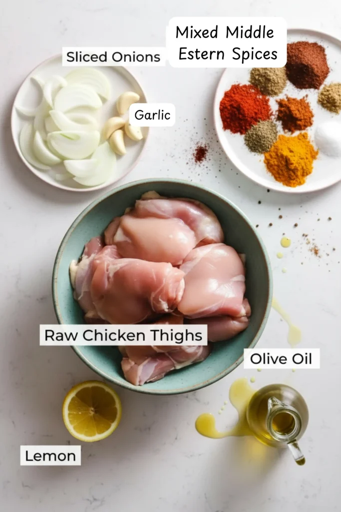 Flat lay of Authentic Chicken Shawarma Recipe ingredients including chicken thighs, onions, garlic, lemon, olive oil, and spices