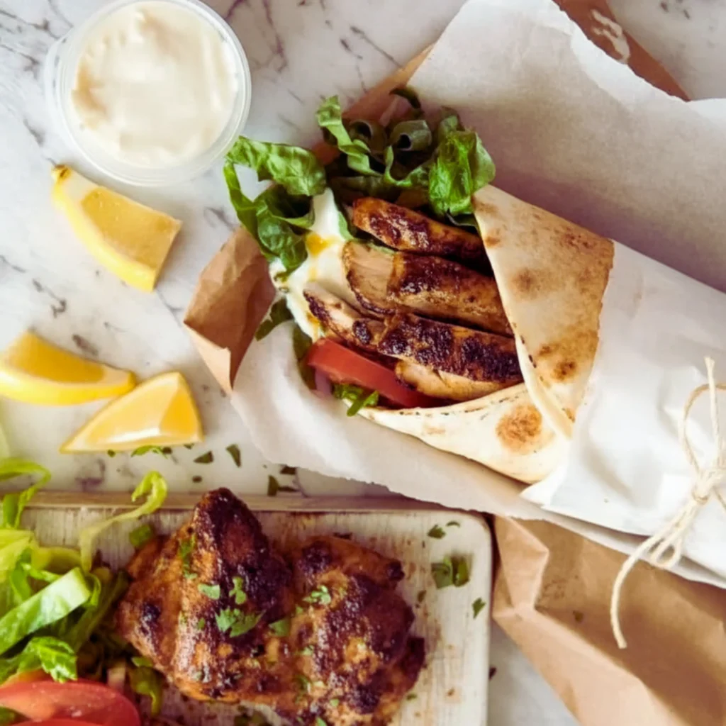Authentic Chicken Shawarma Recipe wrap with grilled chicken, lettuce, tomato, and garlic sauce