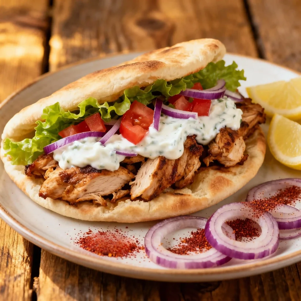 Close-up of Authentic Chicken Shawarma Recipe sandwich on pita with lettuce, tomato, onion, and garlic yogurt sauce