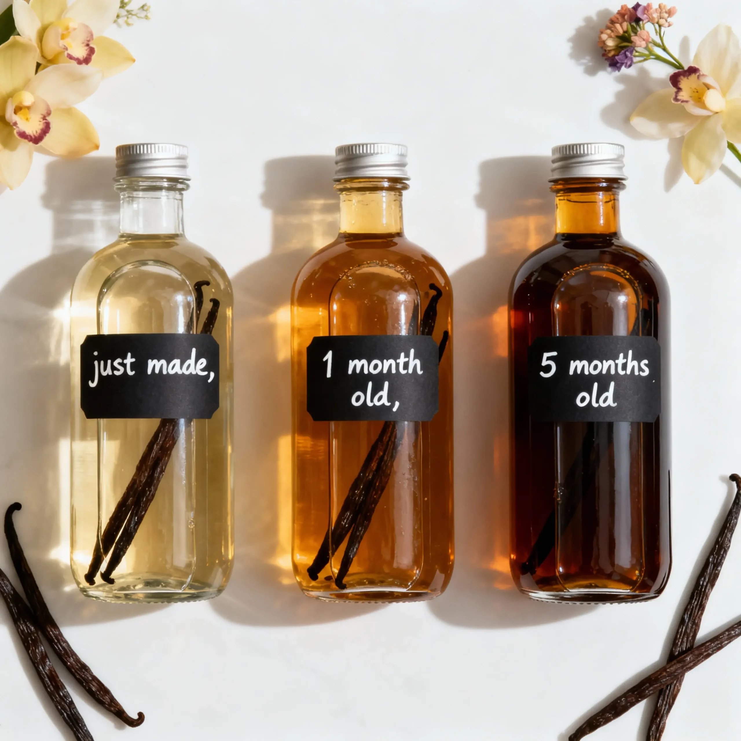 Homemade Vanilla Extract (Alcohol Free) 5 Three bottles showing stages of homemade vanilla extract aging from clear to dark brown over five months