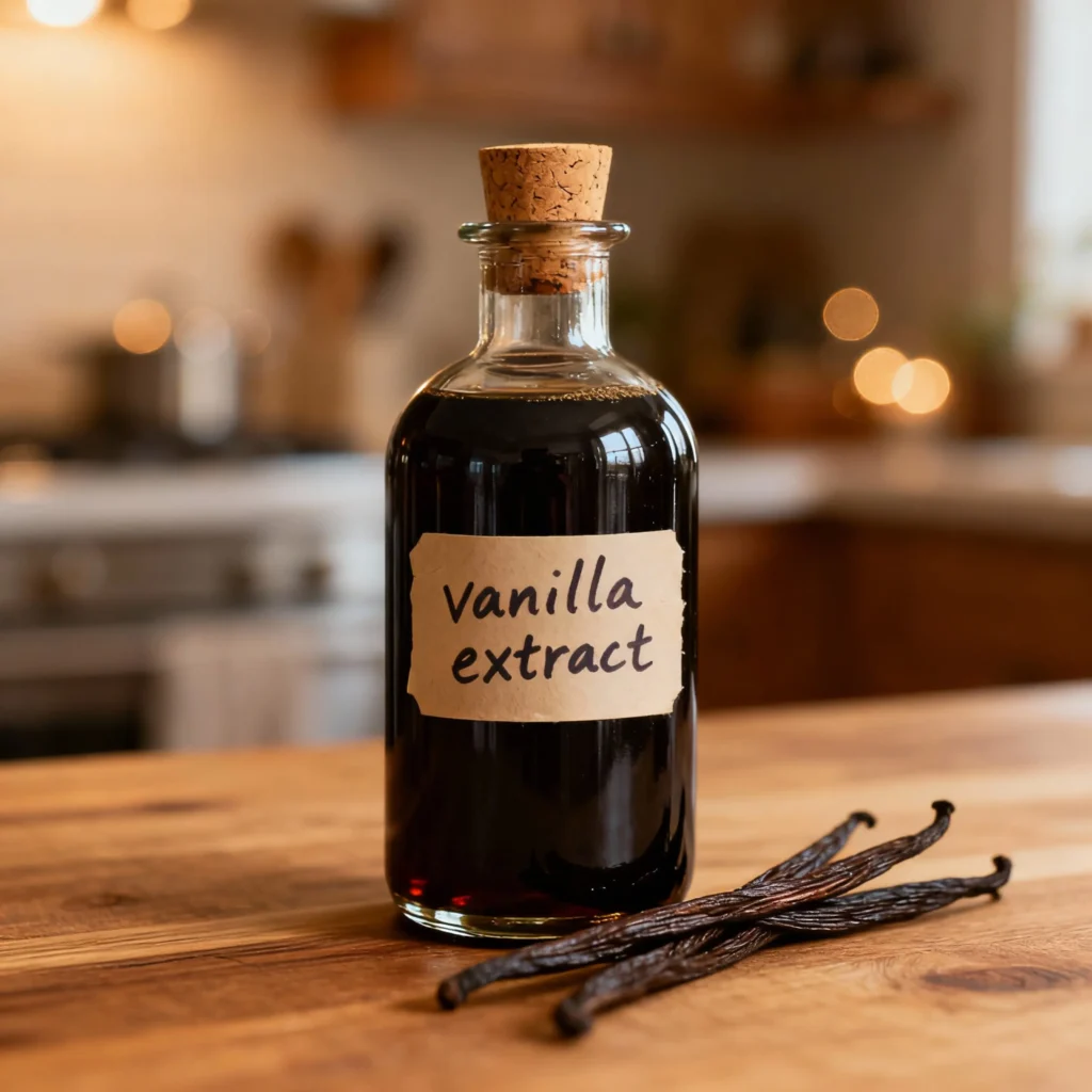 Homemade Vanilla Extract (Alcohol Free) 2 Glass bottle of homemade vanilla extract with vanilla beans on a wooden countertop
