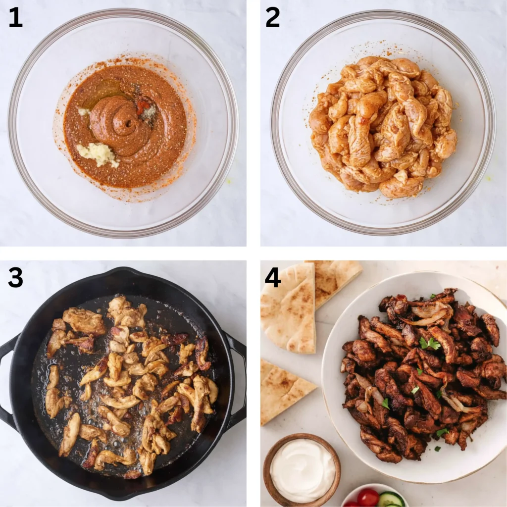 Step-by-step collage showing the process of making Authentic Chicken Shawarma Recipe from marinating to cooking and serving