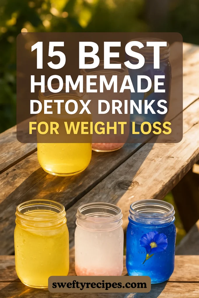 15 Best Trending Weight Loss Drinks 17 Three colorful homemade detox drinks in mason jars labeled “15 Best Homemade Detox Drinks for Weight Loss.”