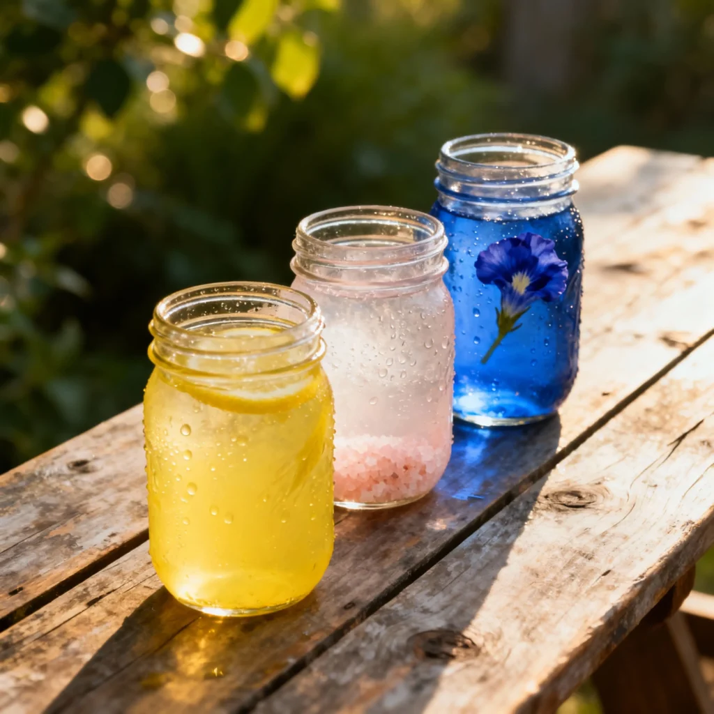 15 Best Trending Weight Loss Drinks 1 Assorted colorful detox and weight loss drinks in mason jars on a wooden table.