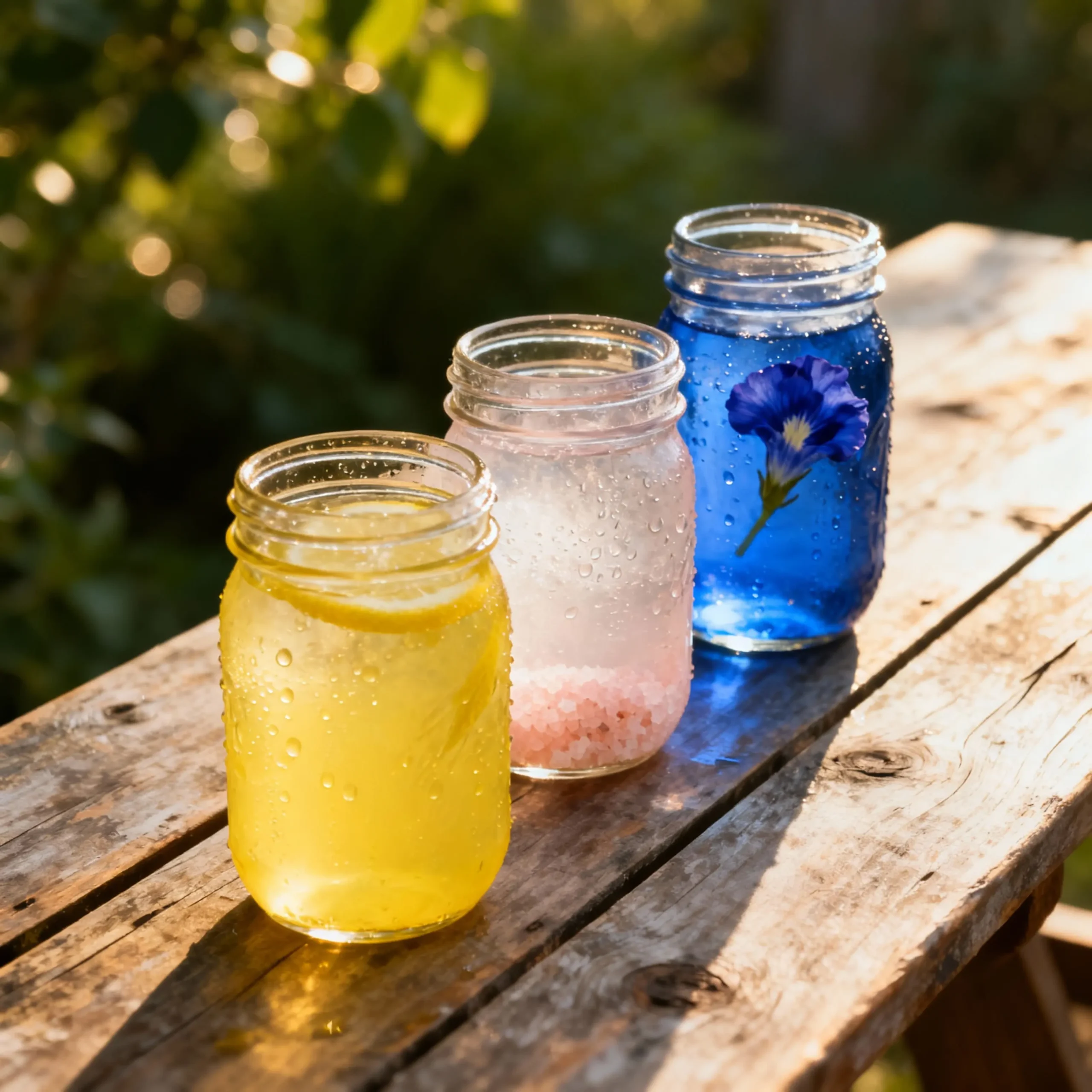Assorted colorful detox and weight loss drinks in mason jars on a wooden table.