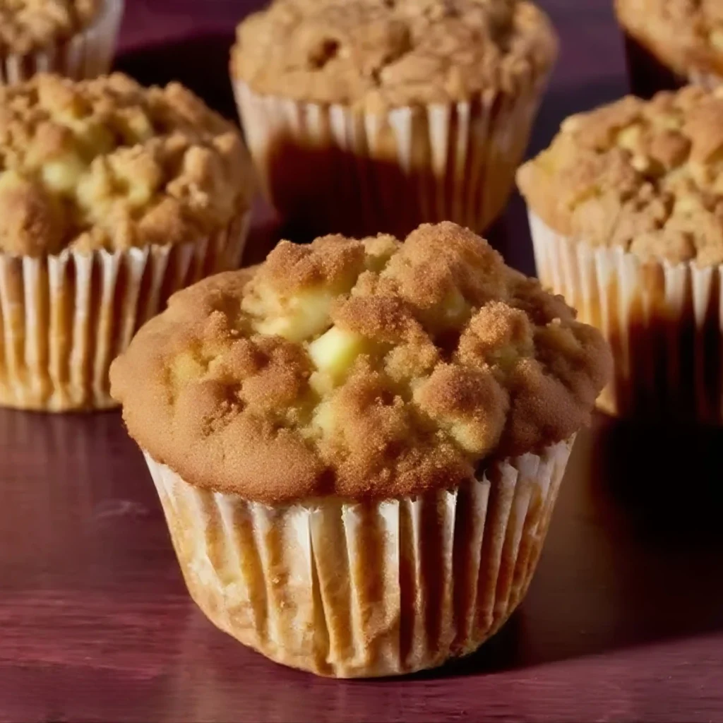 Apple Cinnamon Muffins Recipe 2 Freshly baked apple cinnamon muffins recipe with crumb topping on a wooden table.