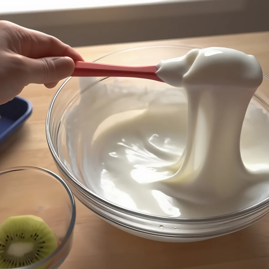person lifting thick stretchy yogurt with a red spatula from a glass bowl on a wooden table