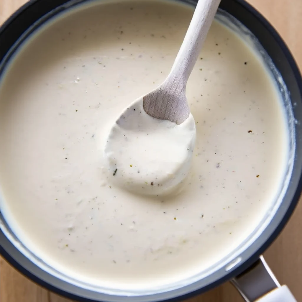 Alfredo Sauce Pizza Recipe 1 creamy Alfredo sauce being stirred with a wooden spoon, showing smooth texture and black pepper flecks