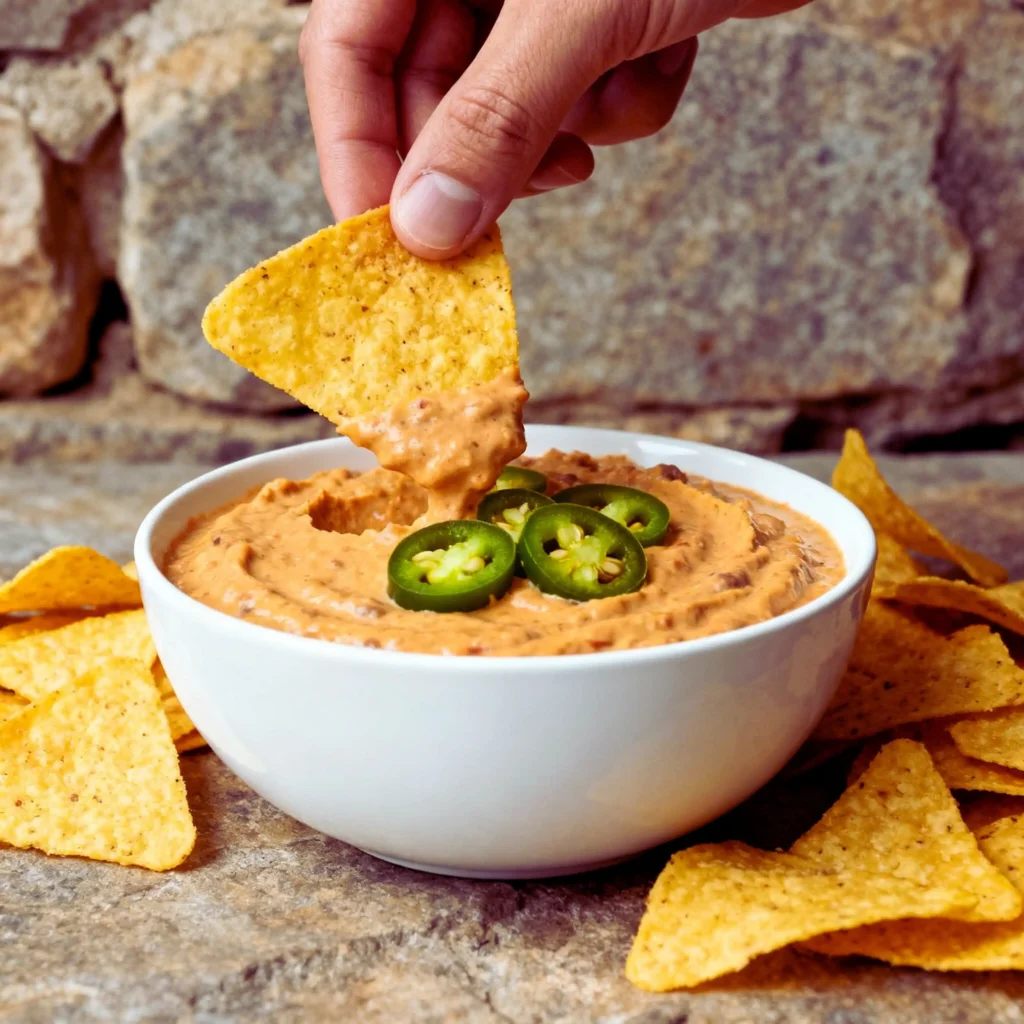 Hand dipping a tortilla chip into creamy Frito Lay bean dip topped with sliced jalapeños in a white bowl.