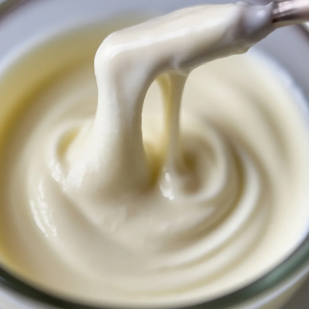 Stretchy Yogurt Recipe 2 close-up of creamy stretchy yogurt being lifted with a spoon showing thick texture