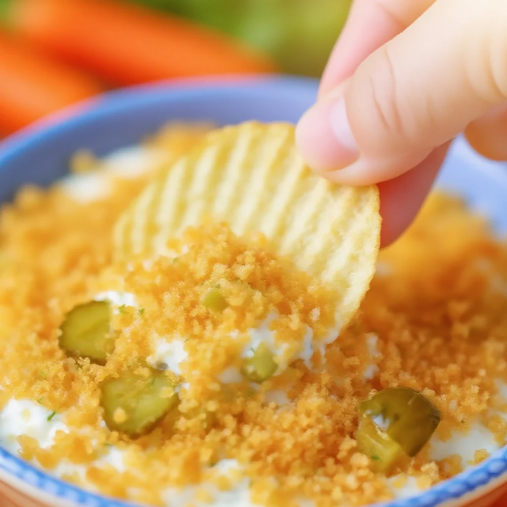 close-up of hand dipping a potato chip into creamy fried pickle dip topped with breadcrumbs and pickles