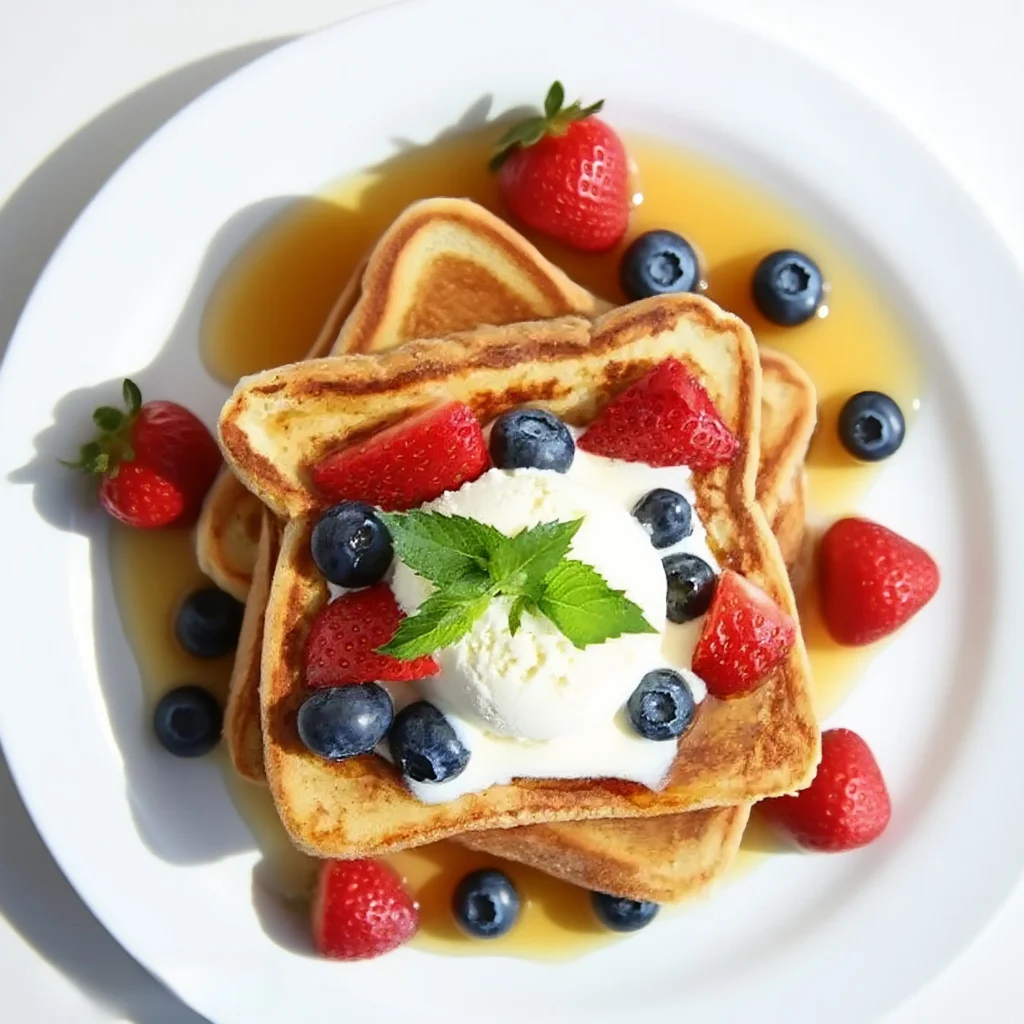 overhead view of French toast topped with vanilla ice cream, strawberries, blueberries, and maple syrup on a white plate
