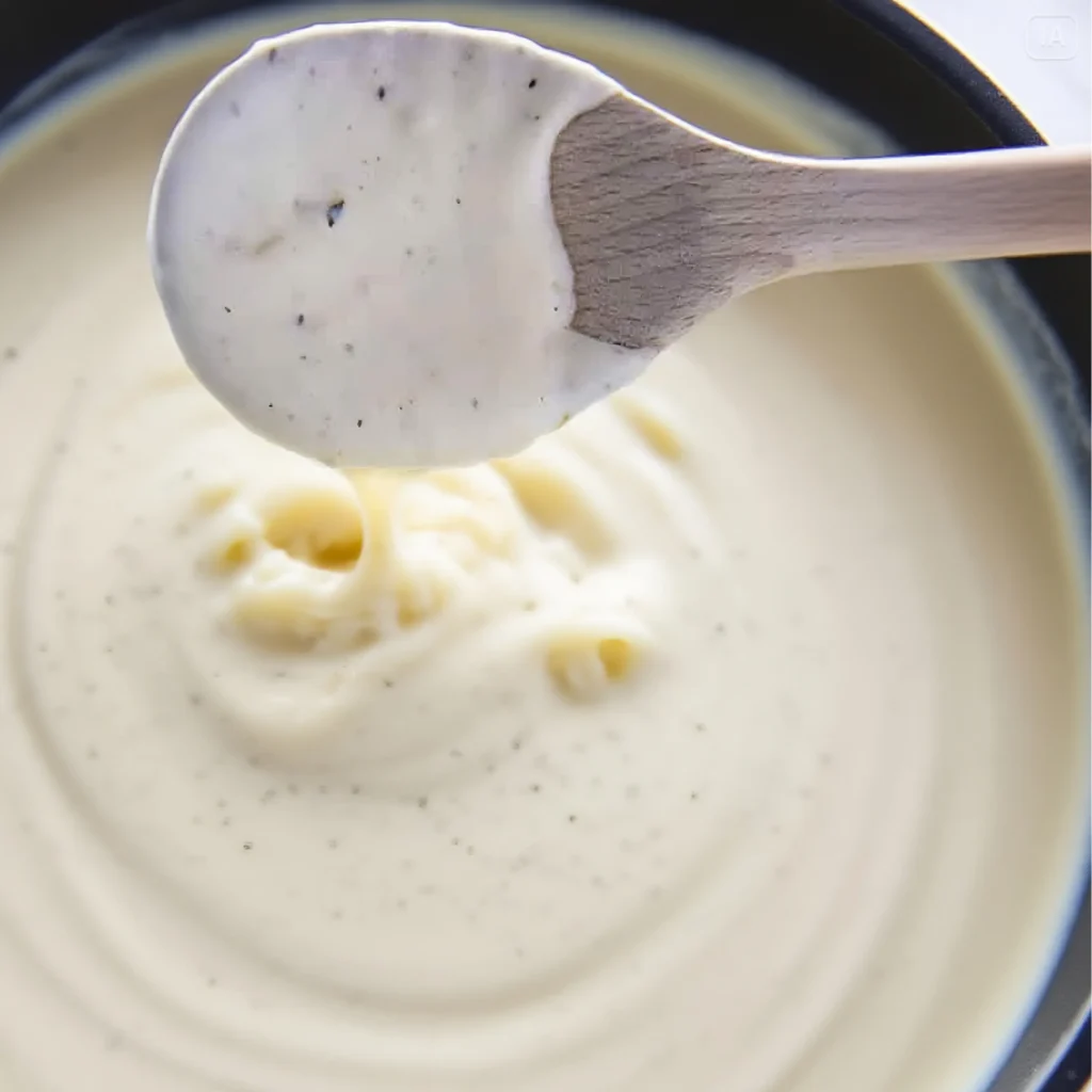 Alfredo Sauce Pizza Recipe 2 wooden spoon stirring creamy Alfredo sauce in a pan with visible pepper specks