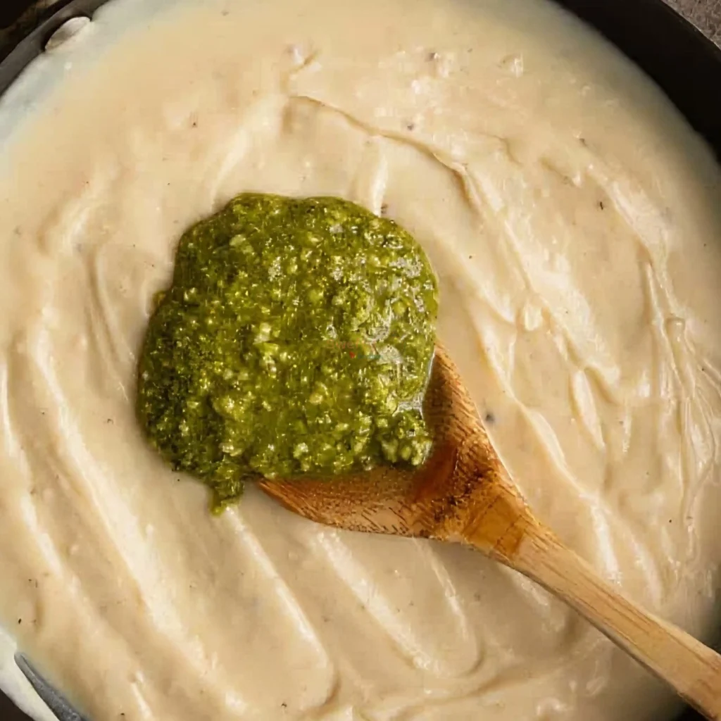 creamy pesto Alfredo sauce in a pan topped with a spoonful of fresh green pesto