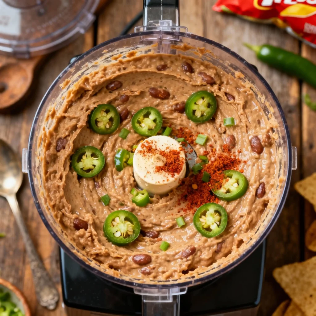 Homemade Frito Lay bean dip recipe in a food processor topped with jalapeños, chili powder, and green onions on a rustic wooden table.