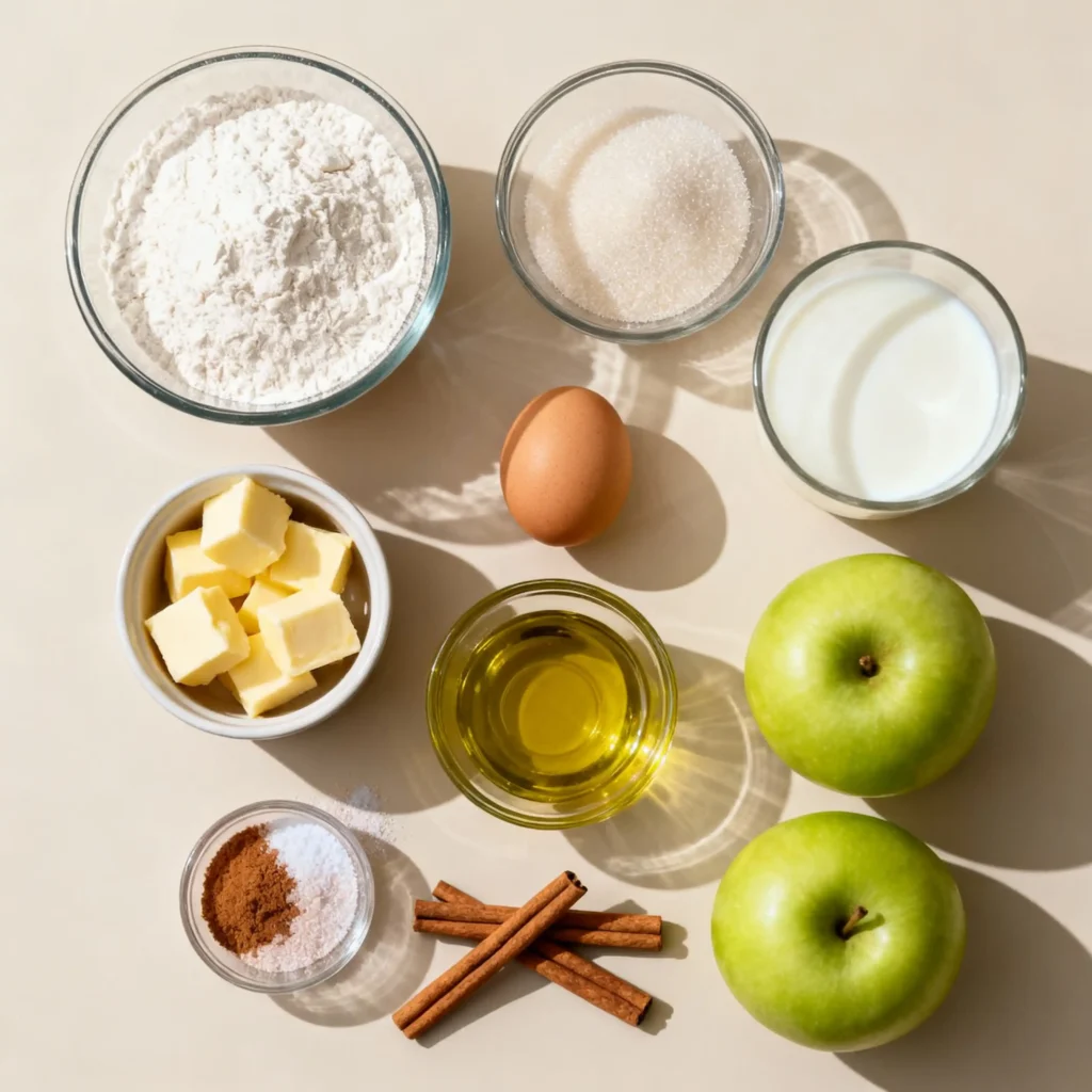 Apple Cinnamon Muffins Recipe 3 Flat lay of ingredients for apple cinnamon muffins recipe including apples, flour, butter, sugar, cinnamon, and milk.