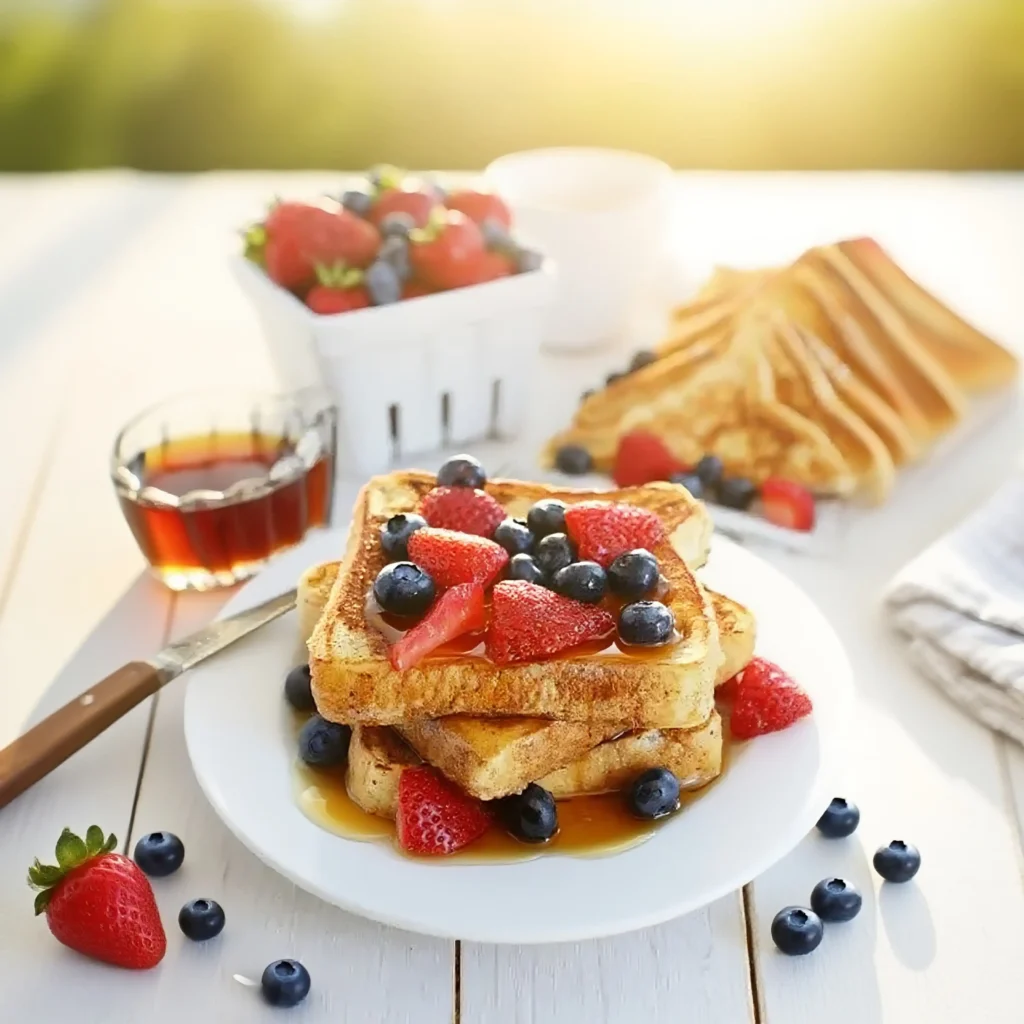 Ice Cream French toast with strawberries, blueberries, and maple syrup served outdoors in morning sunlight