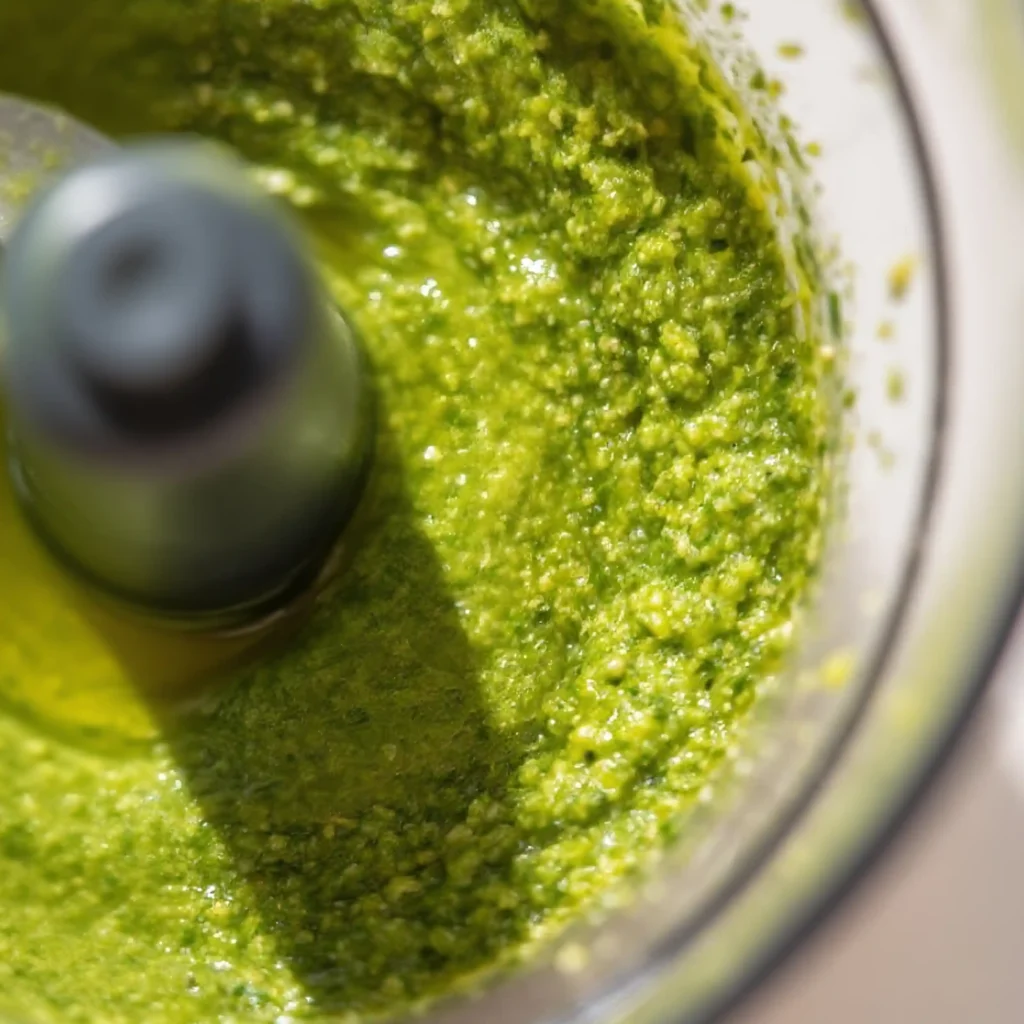 close-up of fresh green basil pesto in a food processor with a smooth, textured finish.