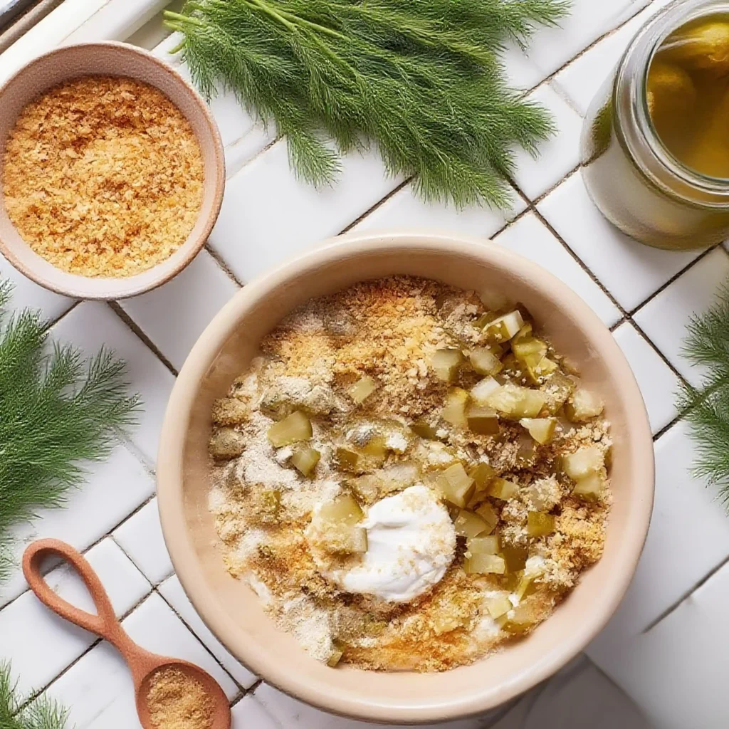 overhead view of fried pickle dip ingredients including pickles, sour cream, breadcrumbs, and dill on a white tile surface
