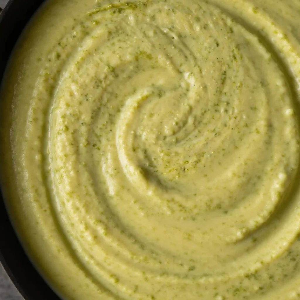close-up of creamy pesto Alfredo sauce with a smooth swirl texture and light green color