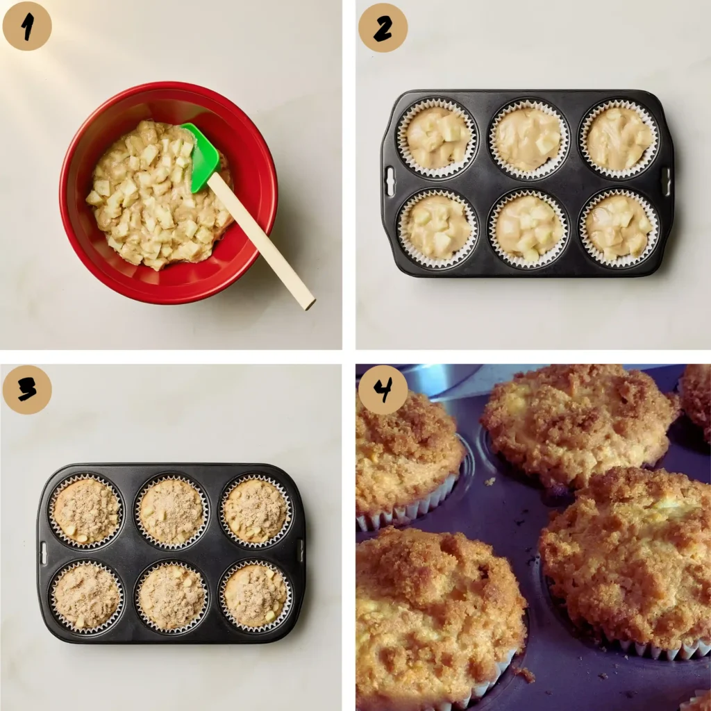 Apple Cinnamon Muffins Recipe 4 Step-by-step photo collage of making apple cinnamon muffins recipe from batter to baked muffins.