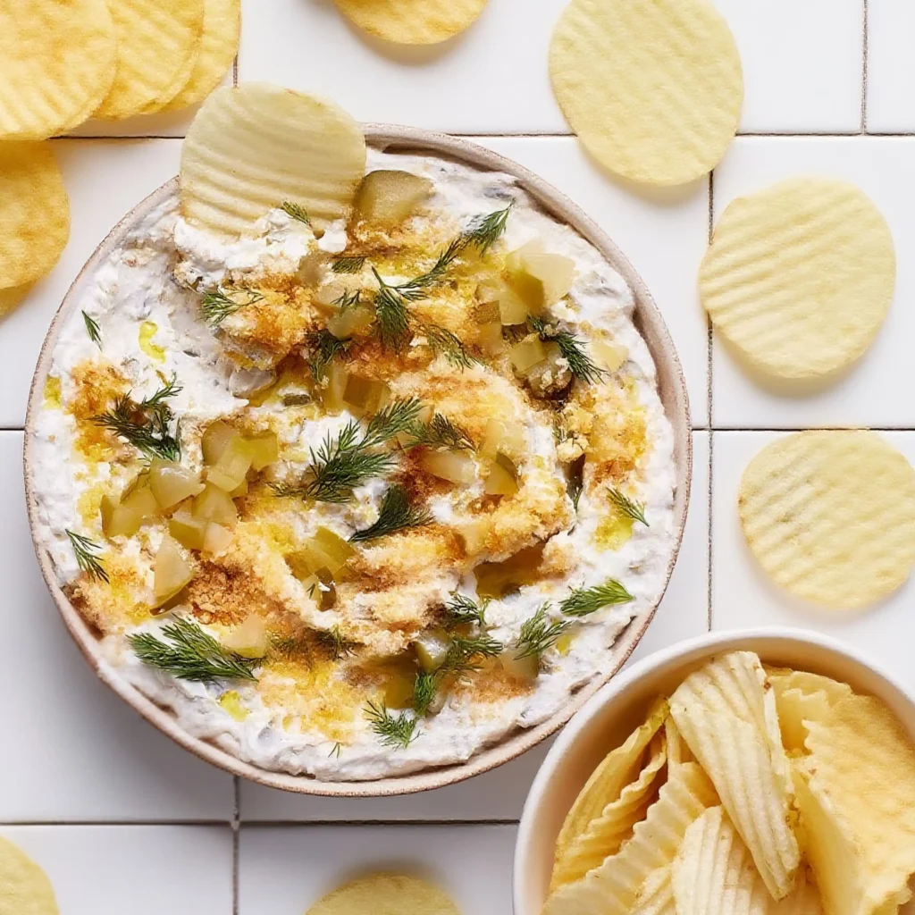 overhead view of fried pickle dip topped with dill, breadcrumbs, and chopped pickles surrounded by potato chips