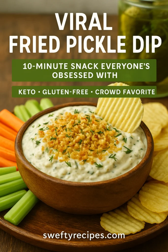 bowl of creamy fried pickle dip topped with breadcrumbs and dill, surrounded by chips, celery, and carrots
