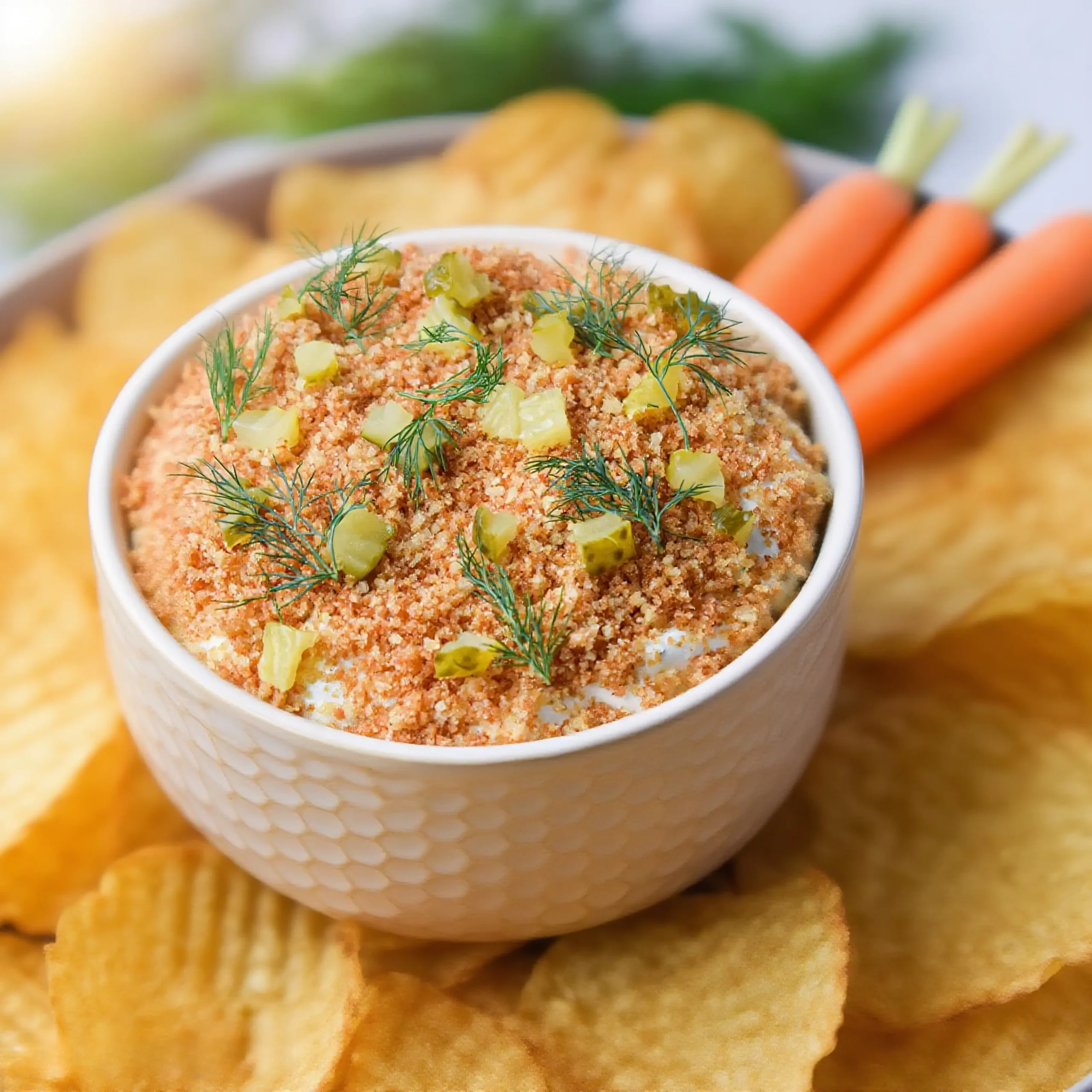 creamy fried pickle dip topped with breadcrumbs, dill, and pickles served with chips and carrots