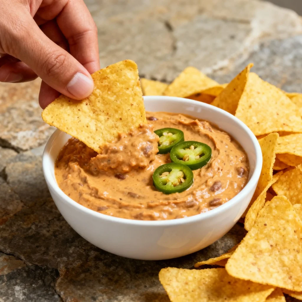 Hand dipping a tortilla chip into creamy Frito Lay bean dip recipe topped with jalapeños in a white bowl on a rustic stone table.